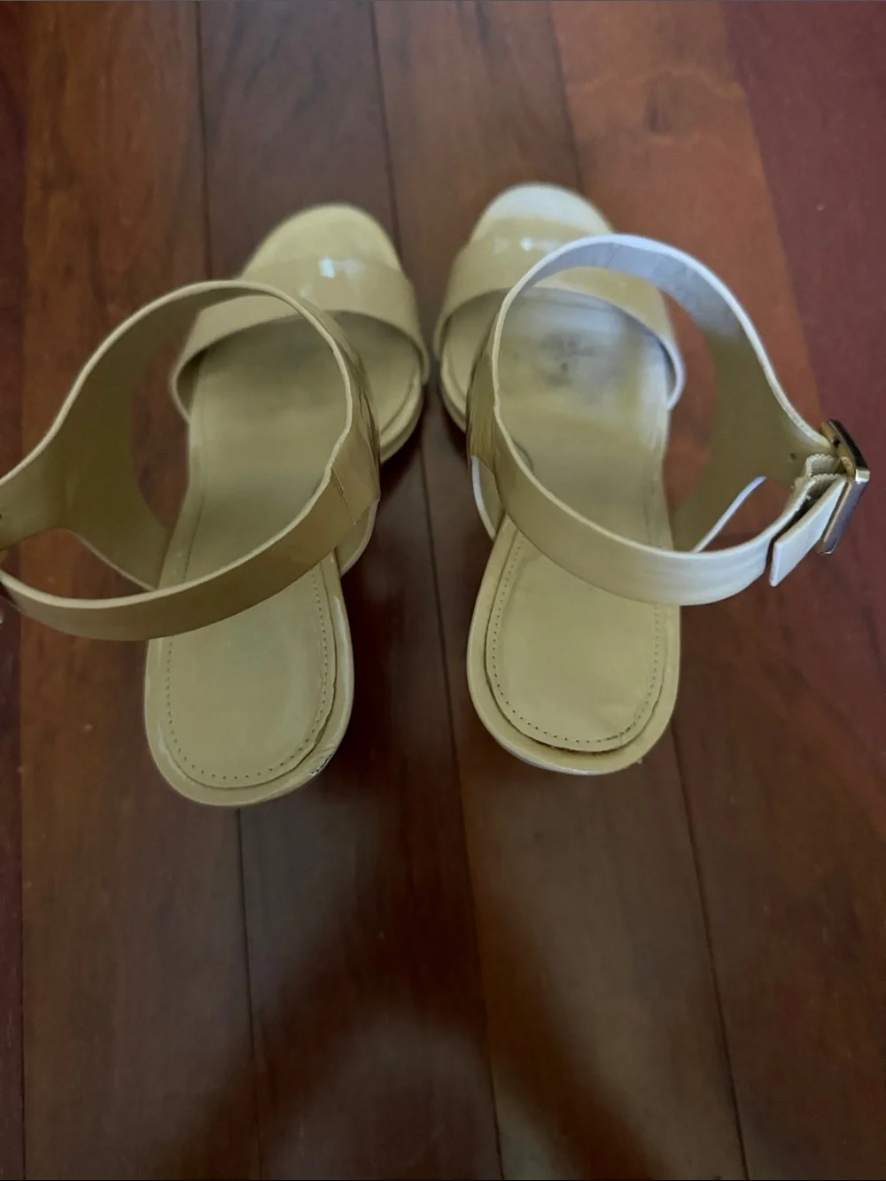 Michael Kors Patent Leather Open-Toe Ankle-Strap Heels in Cream